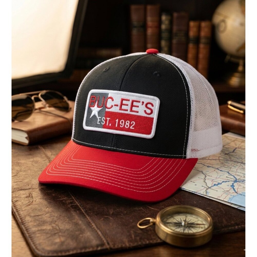 Buc-ees Est. 1982 Texas Trucker Hat Snapback Mesh Red & Black Adjustable